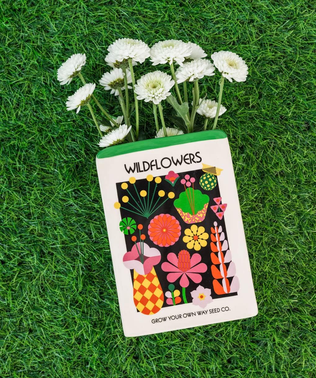 ban.do Ceramic Flower Vase, Wildflower Seeds | Unique Decorative Vase Shaped Like Seed Packet, Colorful Shelf Decor and Organization for Home or Office