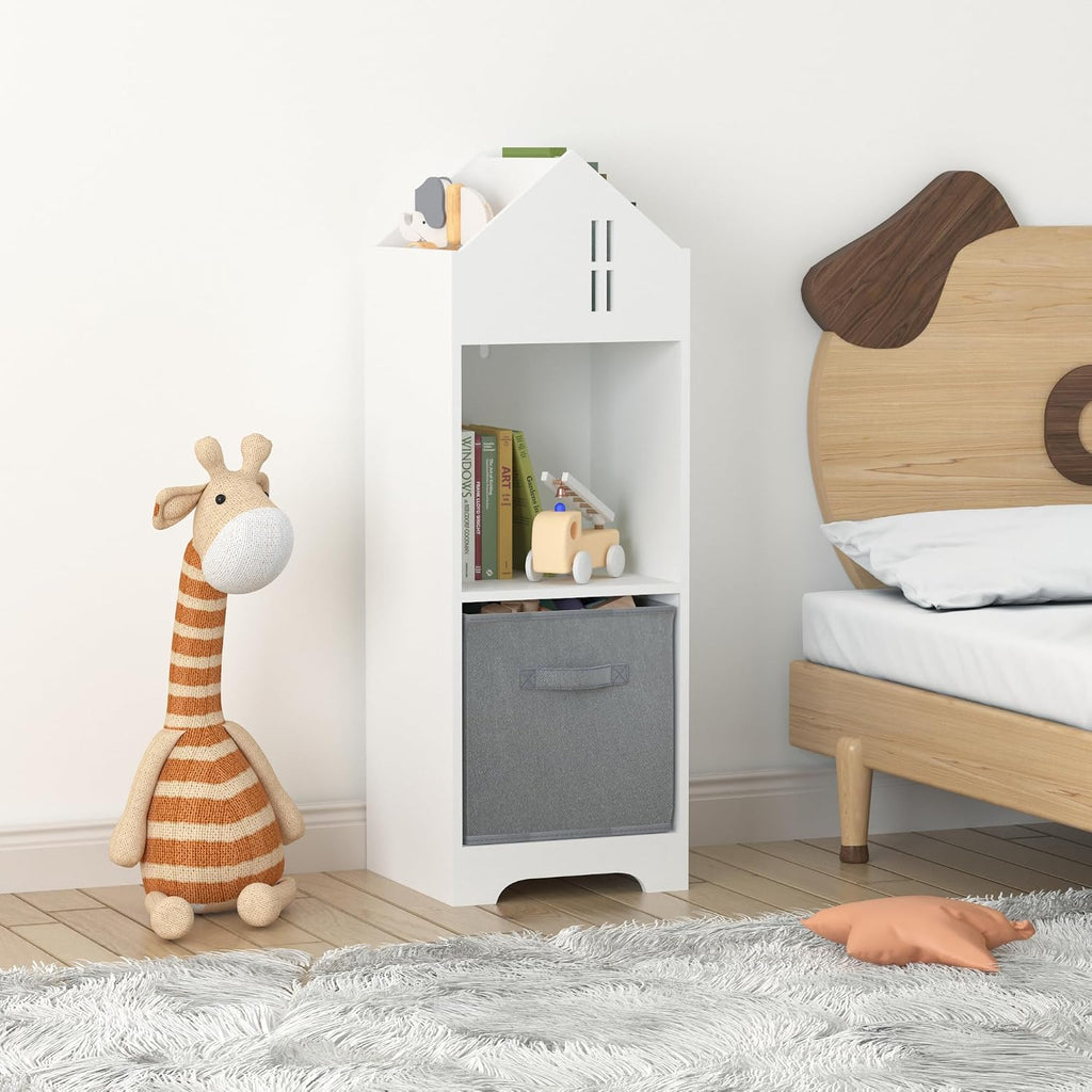 Bookcase with Storage, 2 Tier Storage Display Organizer, Toddler Bookshelf with Collapsible Fabric Drawers for Bedroom or Playroom (White,Gray)