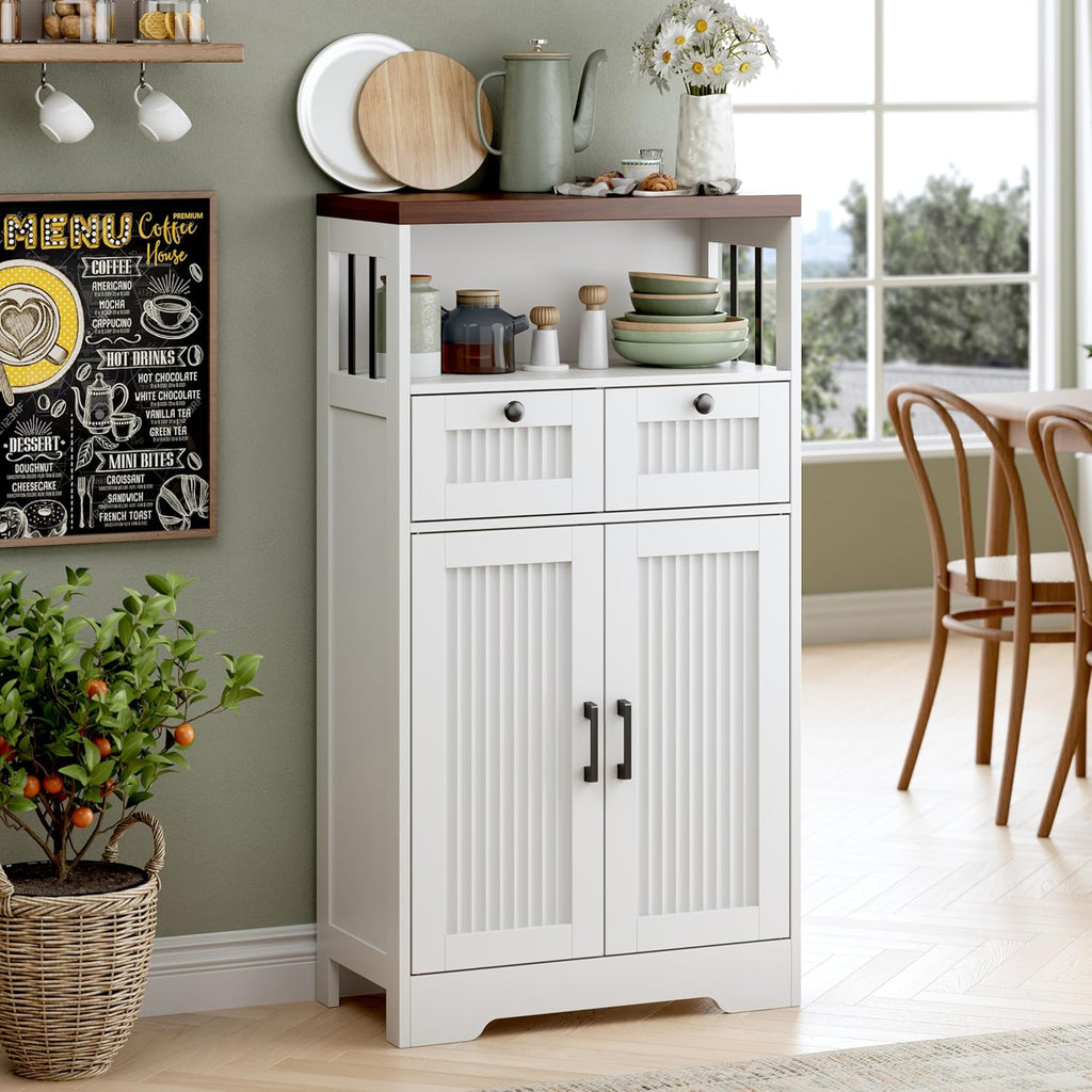 Buffet Cabinet, Fluted Sideboards with 2 Drawers and Doors, Open Compartment & Adjustable Shelf, Small Cabinet for Kitchen, Entryway, Modern White