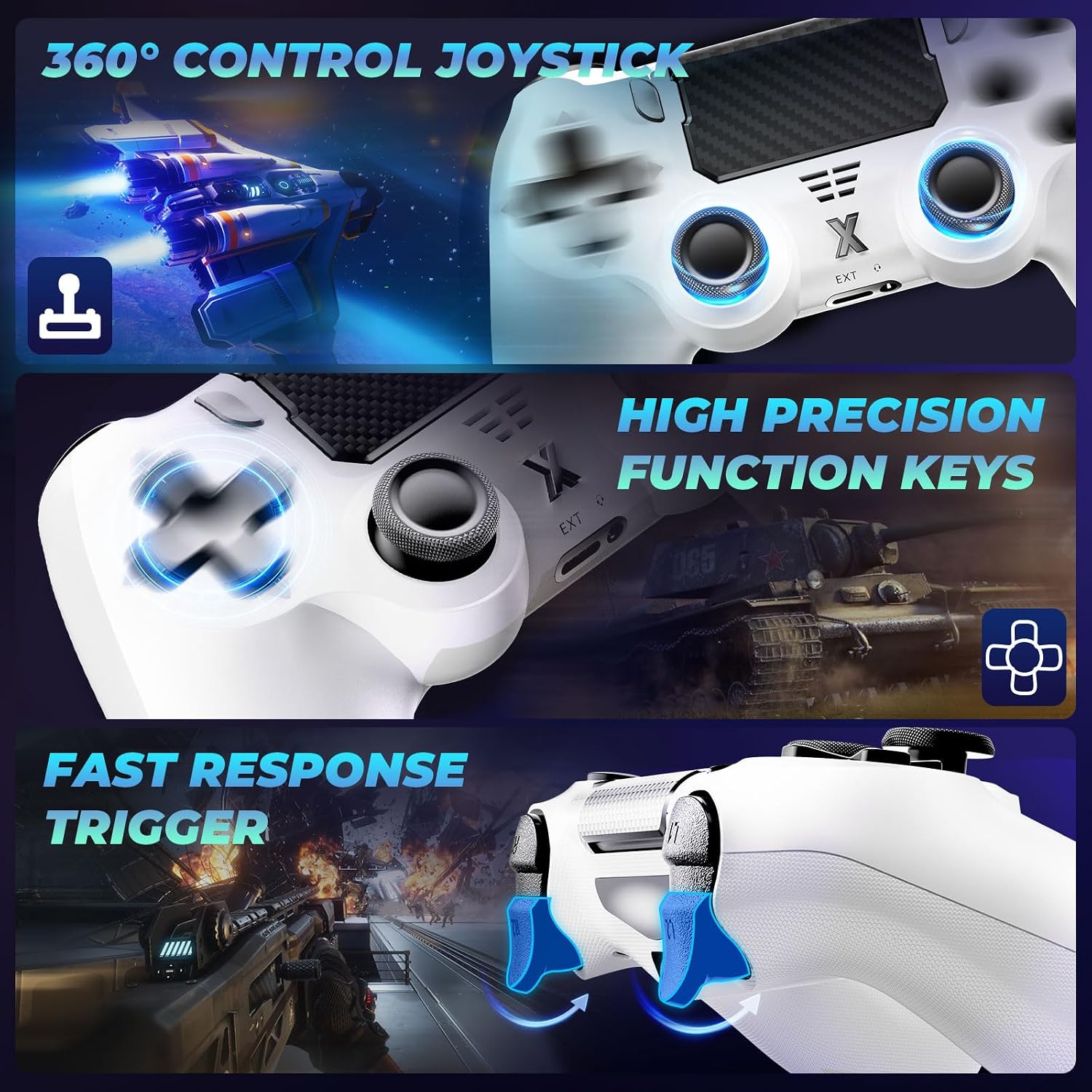 Puiseno Wireless Controller for PS-4, Dual Vibration Game Joystick/Motion Sensing/Touchpad/Speaker/3.5mm Audio Jack Headphone, Upgraded Six-Axis Sensor, Compatible with PS4/Slim/Pro Console/PC (WHITE+BLACK)