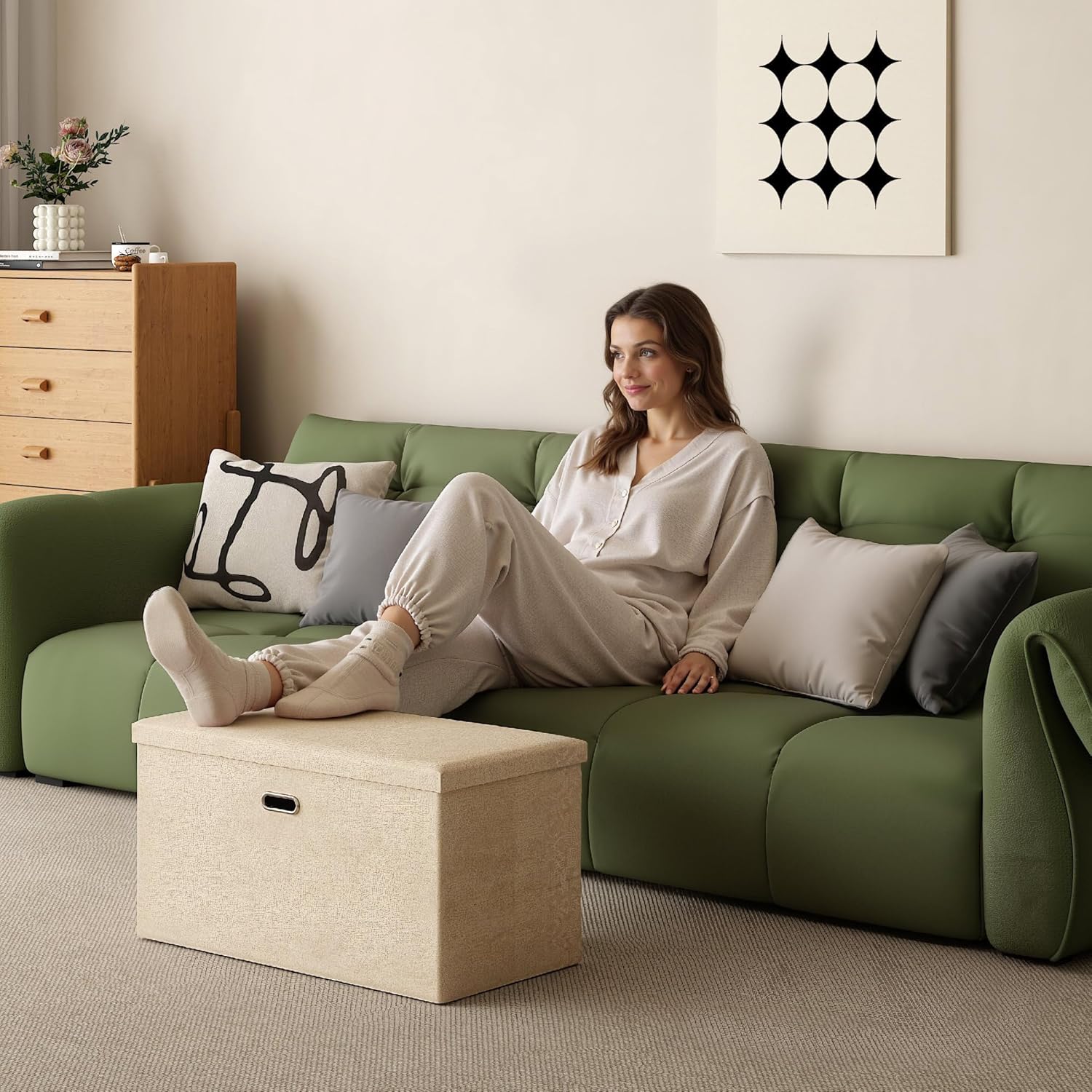 VECELO 30'' Folding Storage Ottoman Bench, End of Bed Linen Fabric Foot Rest Stool with Padded Seat, Large Footstools for Bedroom, Living Room, Load 500 lb, Khaki