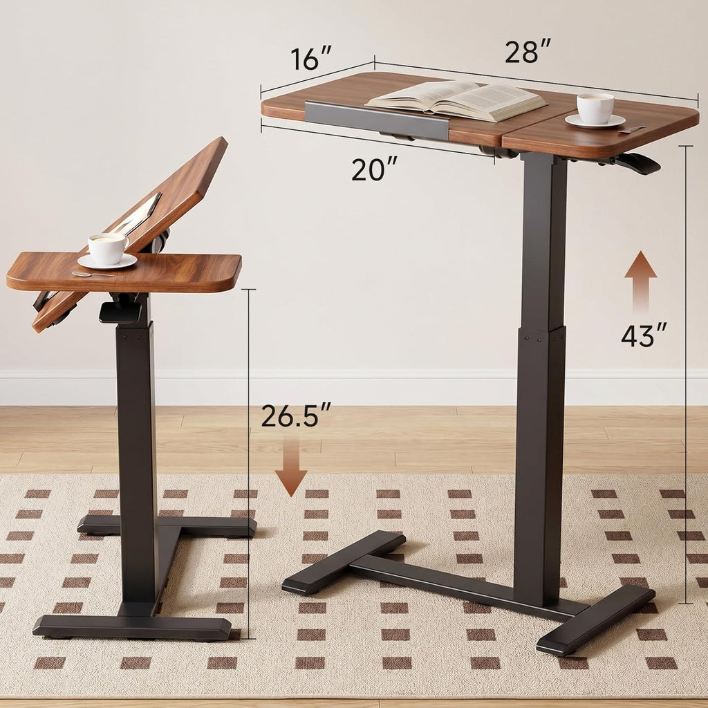 GTPLAYER Pneumatic Adjustable Standing Desk, 28 Inch Tiltable Mobile Rolling Laptop Table with Wheels, Overbed Bedside Table Computer Workstation for Home Office, Walnut