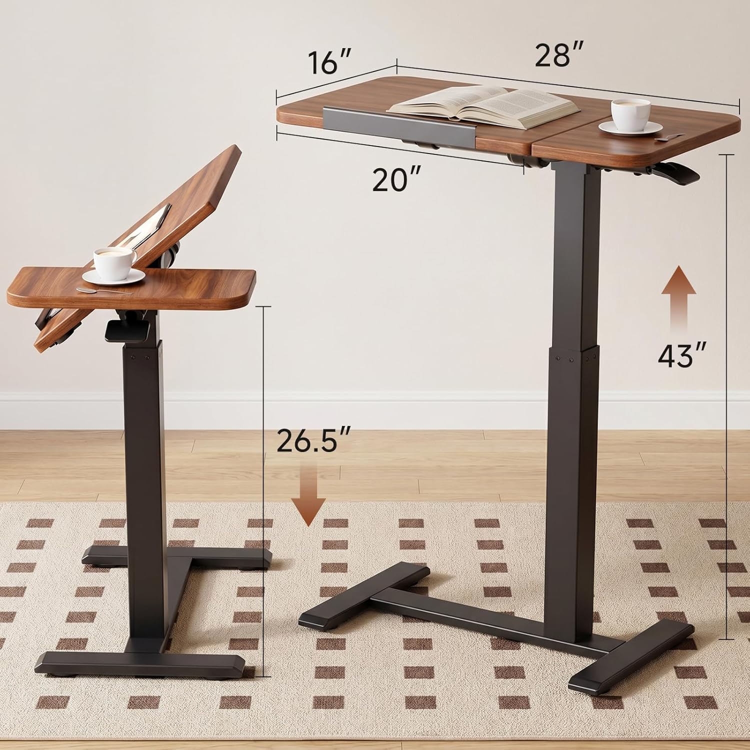 GTPLAYER Pneumatic Adjustable Standing Desk, 28 Inch Tiltable Mobile Rolling Laptop Table with Wheels, Overbed Bedside Table Computer Workstation for Home Office, Walnut