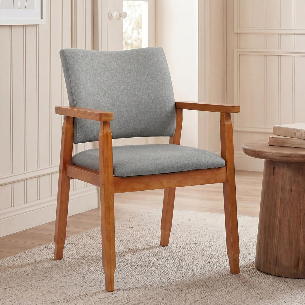 GOTMINSI Mid-Century Modern Linen Dining Chair with Arms, Solid Wood Frame, 320 lbs Weight Capacity, Upholstered Accent Chair for Kitchen Dining Room Living Room (Grey,1pc)