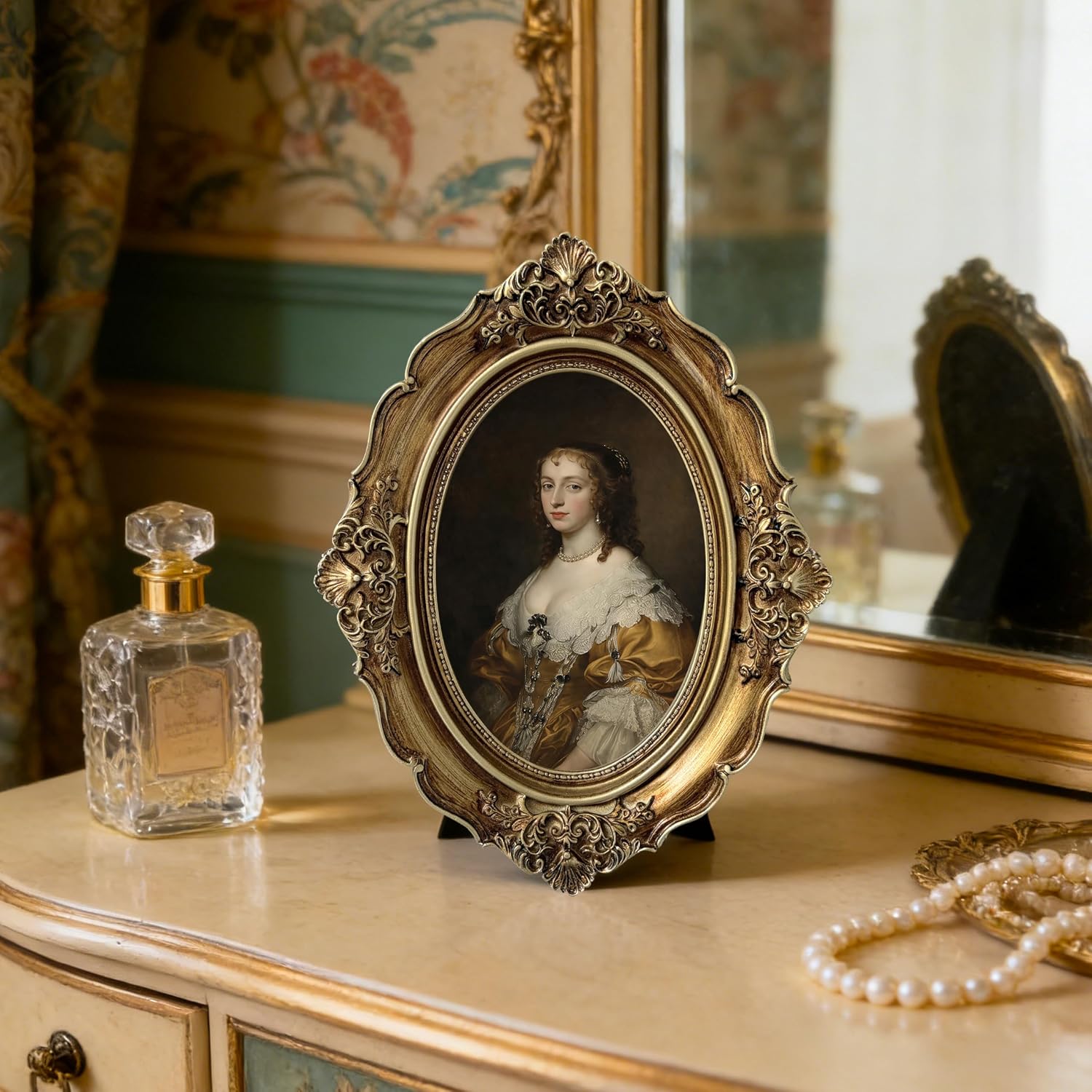 XIAOAIKA Vintage Baroque Oval Framed Canvas Art, Classical Woman Portrait Oil Painting with 3D Embossed Details, Antique Bronze Gold Resin Frame for Living Room Bedroom Entryway Décor, 10 x 8 Inch