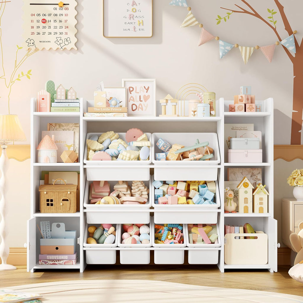 FOTOSOK Toy Storage Organizer with 8 Toy Bins, Toy Organizer Kids Bookshelf with 6 Storage Cubbies, Stuffed Animal Storage Organizer, Playroom Storage and Toy Chest, White