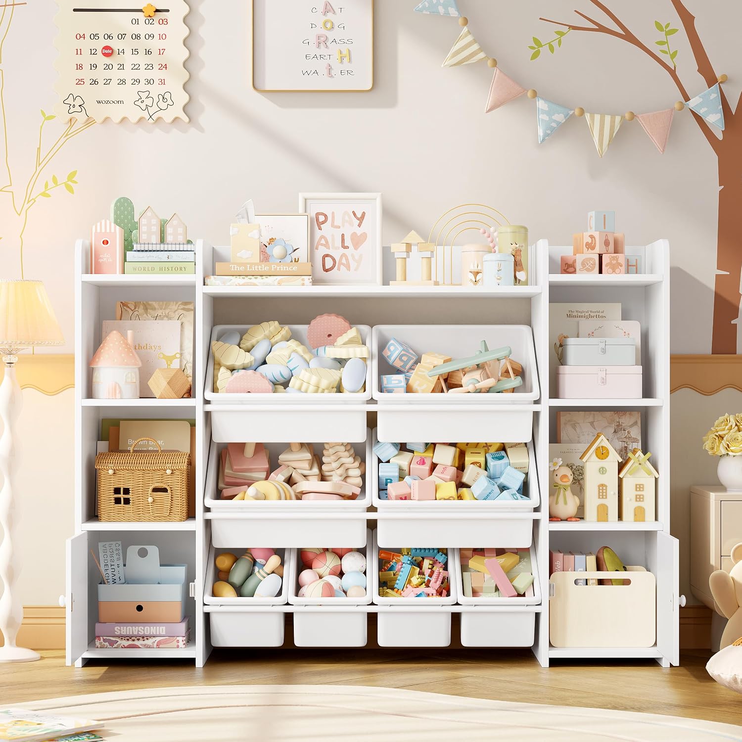 FOTOSOK Toy Storage Organizer with 8 Toy Bins, Toy Organizer Kids Bookshelf with 6 Storage Cubbies, Stuffed Animal Storage Organizer, Playroom Storage and Toy Chest, White