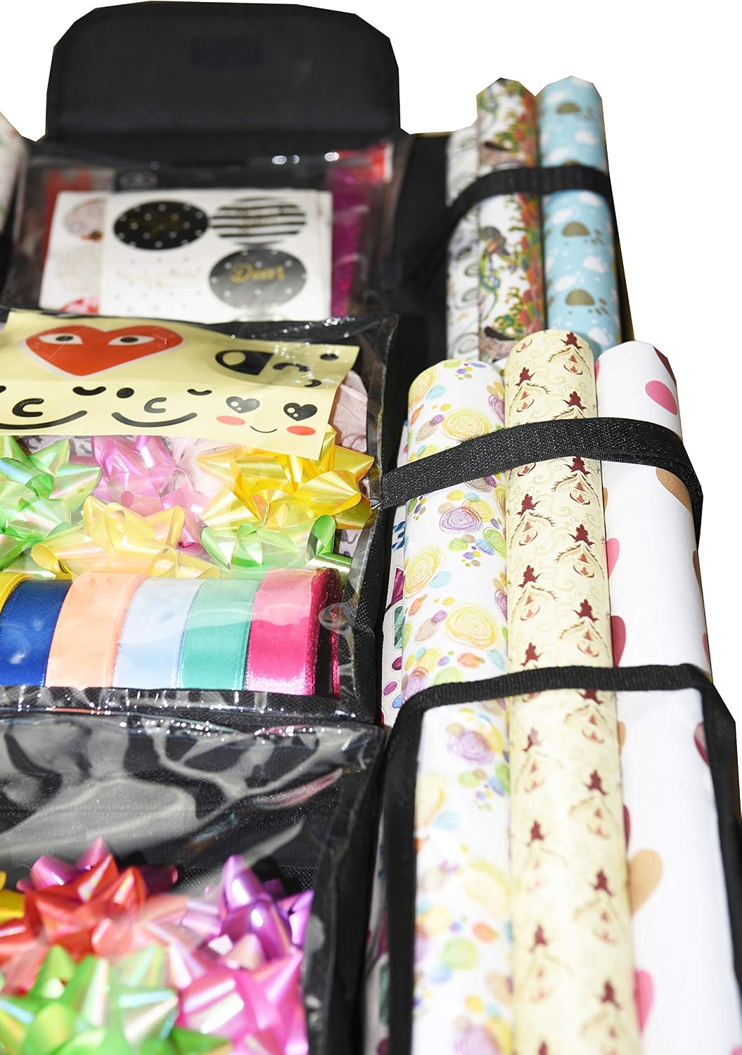 Freegrace Double-Sided Hanging Gift Wrap Organizer - Large 16 x 41 Inch Wrapping Paper Storage Bag - Tearproof 600D Oxford Closet Gift Bag & Ribbon Organization Storage Caddy, Beige (Black)