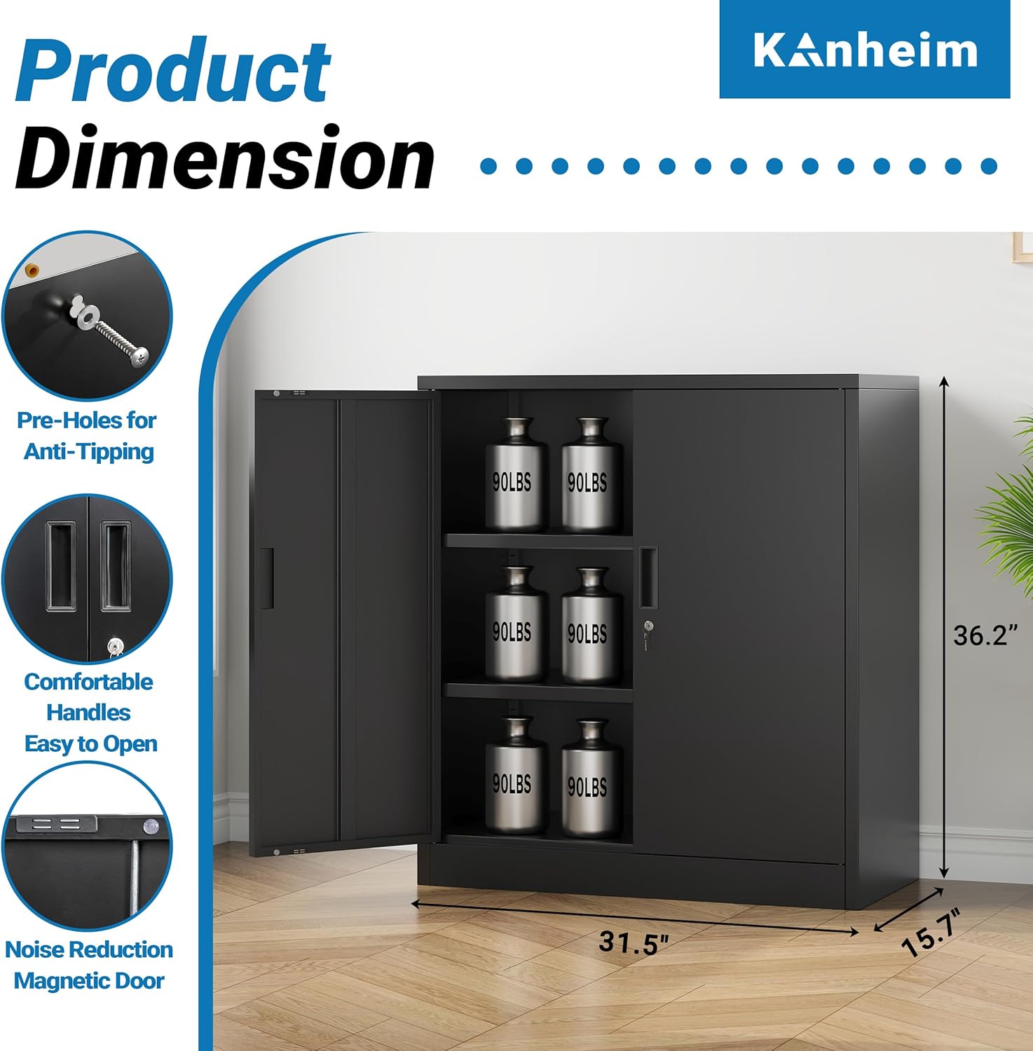 Metal Storage Cabinet, 36" Locking Steel Cabinet with 2 Doors and 2 Adjustable Shelves for Garage, Home, Office, Kitchen (Black, 36" H x 32" W x 16" D)