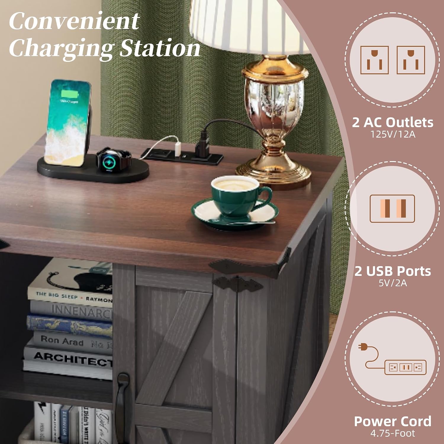 Farmhouse End Table, Rustic Wood Nightstand with Adjustable Shelf, 19.6" W Versatile Walnut Sofa Side Table with Barn Doors & Retro Hinges for Bedroom, Living Room (Grey-6x)