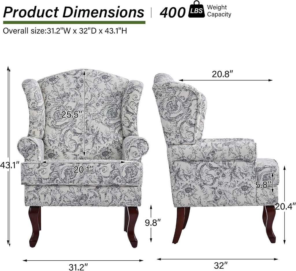 Mid-Century Modern Wingback Accent Chair, Rococo Light Grey, Set of 2 | High Back Upholstered Armchair with Solid Wood Legs, Comfy Single Sofa Reading Chairs for Living Room, Bedroom