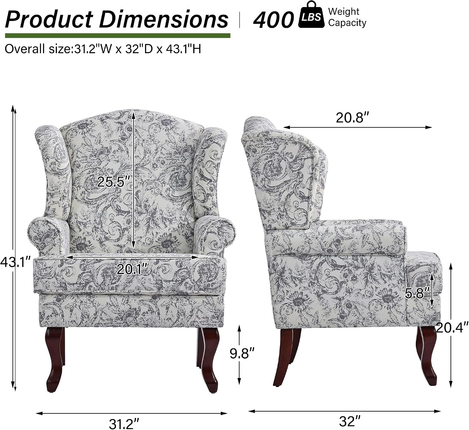 Mid-Century Modern Wingback Accent Chair, Rococo Light Grey, Set of 2 | High Back Upholstered Armchair with Solid Wood Legs, Comfy Single Sofa Reading Chairs for Living Room, Bedroom
