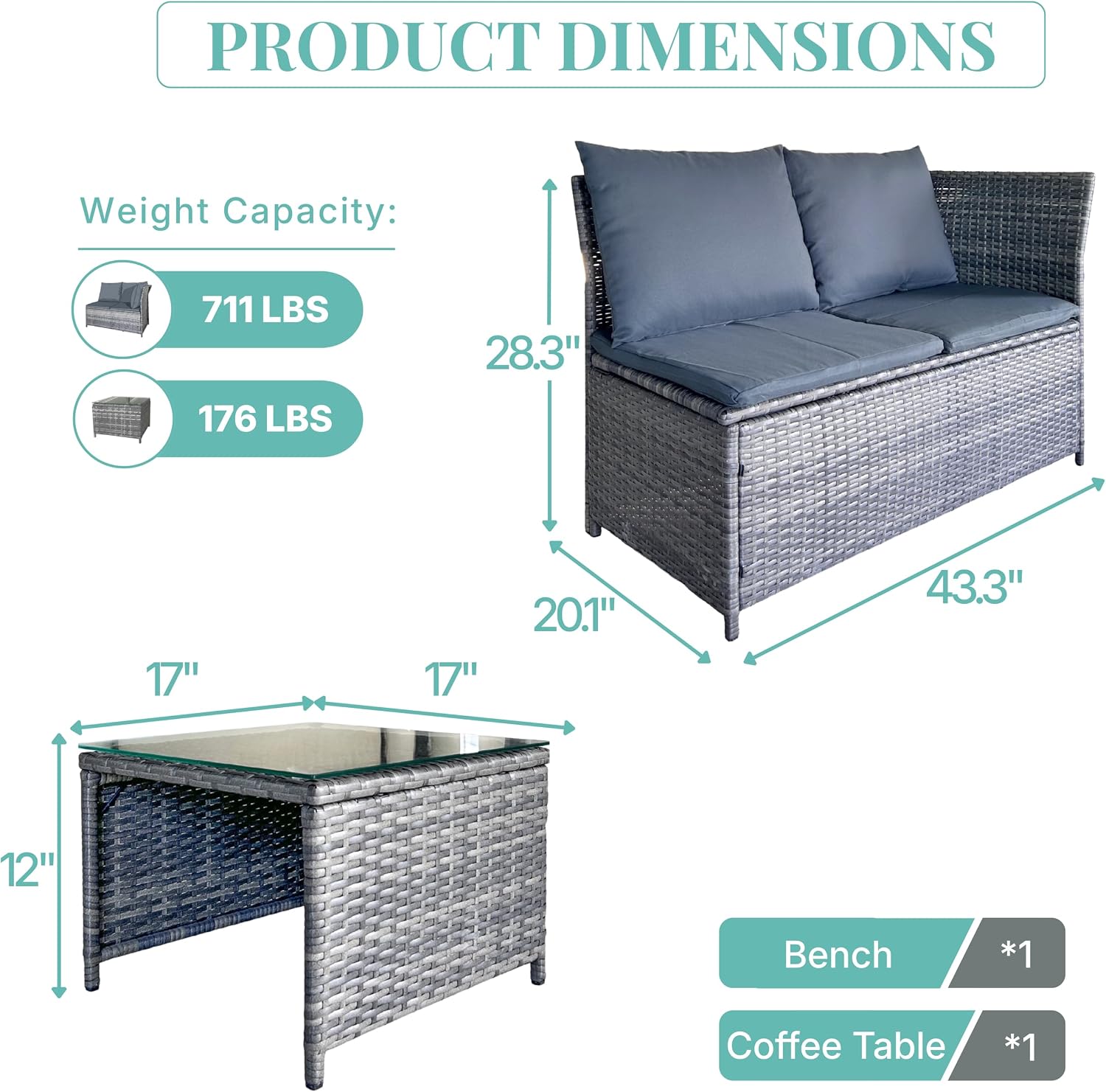 GIANGSUNNY 3 Patio Furniture Set with Storage, Outdoor Sectional Wicker Rattan Conversation Set with Loveseat & Glass Coffee Table, All-Weather Patio Seating (Grey, 3Pcs Set with Storage)