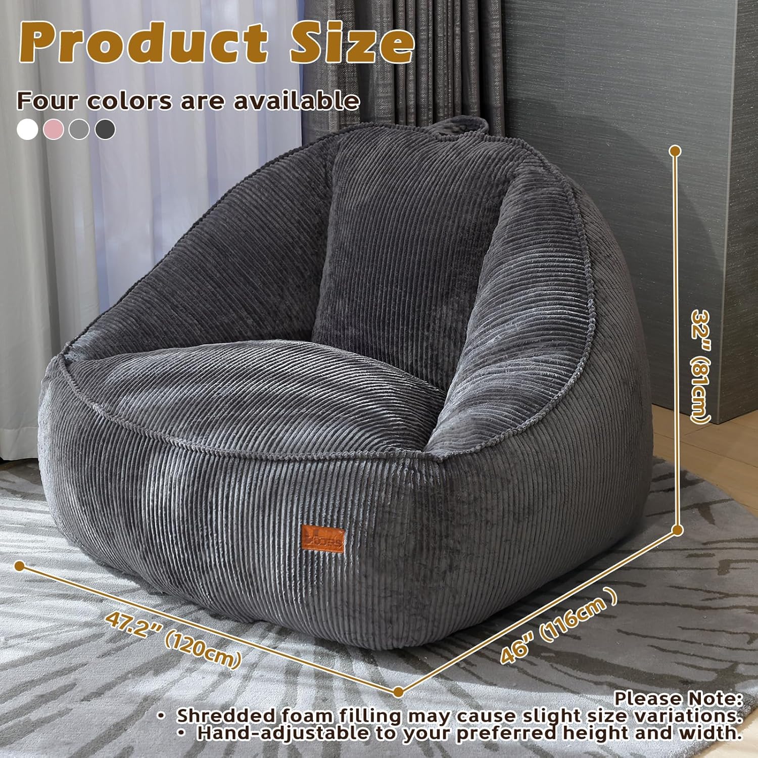 Giant Bean Bag Chair for Adults, Teens and Kids, Cozy Fluffy Corduroy Beanbag Chair with Filler, Large Floor Lounge Sofa for Living Room, Bedroom, Dorm, Gaming and Reading(L-Darkgrey)