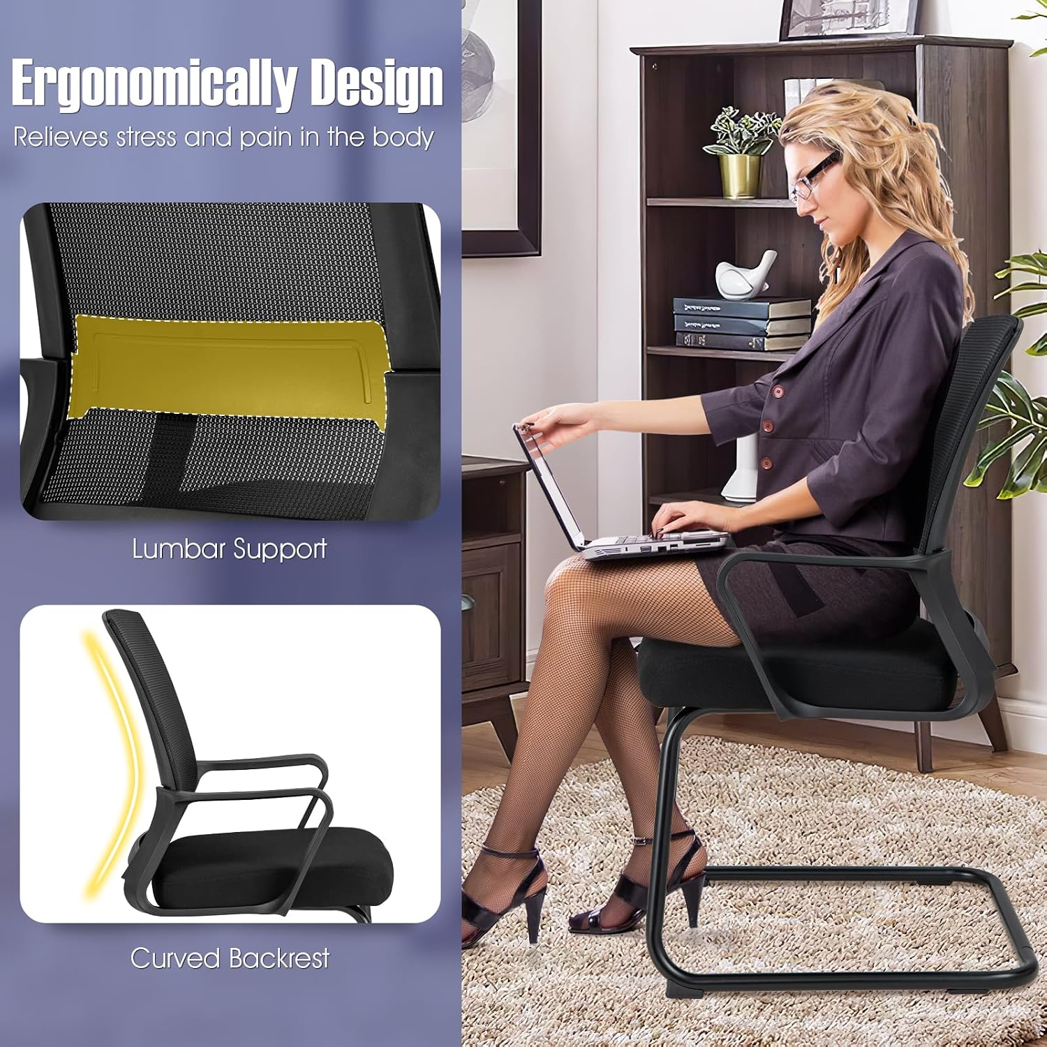 Giantex Office Guest Chair Set of 2, Guest Conference Chair w/Lumbar Support Ergonomic Backrest, Metal Frame Sled Base Mesh Executive Chair, Desk Chair for Reception Conference Room, Waiting Room