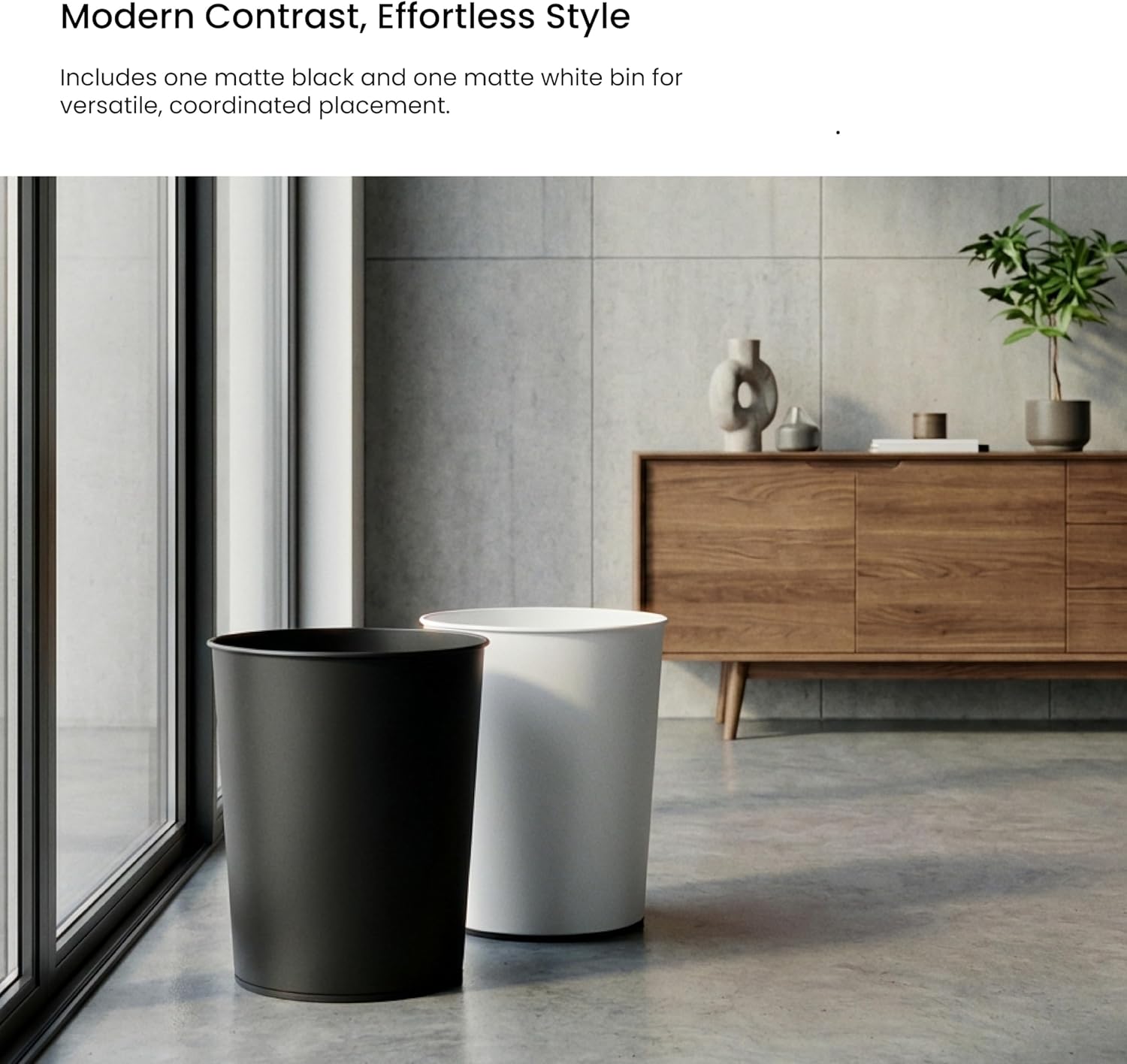 Home Zone Living 1.5 Gallon Round Open Top Wastebasket, Stainless Steel, Matte White and Matte Black Color Set, 2 Pack with Trash Bags