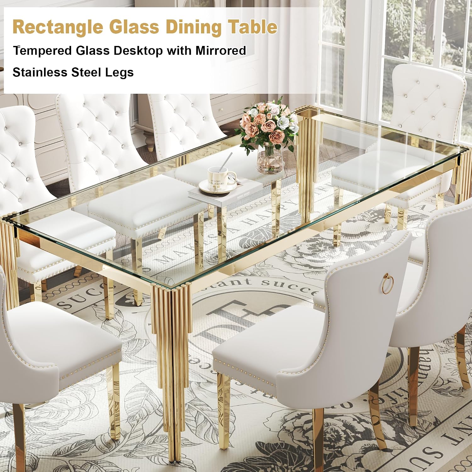 Rectangle Glass Dining Table, 81" Clear Tempered Glass Desktop with Gold Mirrored Stainless Steel Legs, Modern Elegance for 8-10 People, for Kitchen, Living Room, Office