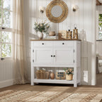 HOSTACK Farmhouse Console Table with 2-Door Cabinet & 2 Drawers, Coffee Bar, Entryway Table with Storage Shelf, Sofa Tables Buffet Sideboard for Kitchen, Hallway, Dining, Living Room, White