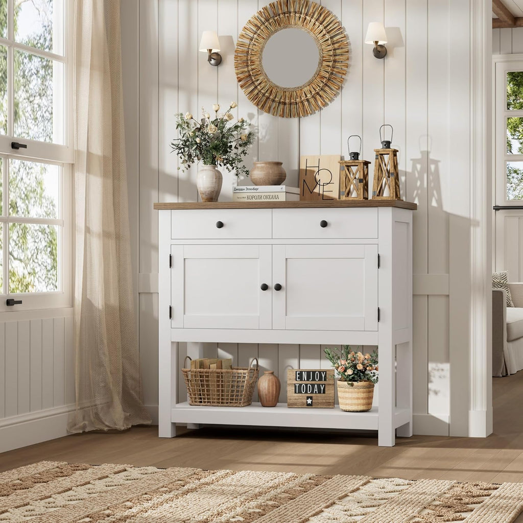 HOSTACK Farmhouse Console Table with 2-Door Cabinet & 2 Drawers, Coffee Bar, Entryway Table with Storage Shelf, Sofa Tables Buffet Sideboard for Kitchen, Hallway, Dining, Living Room, White