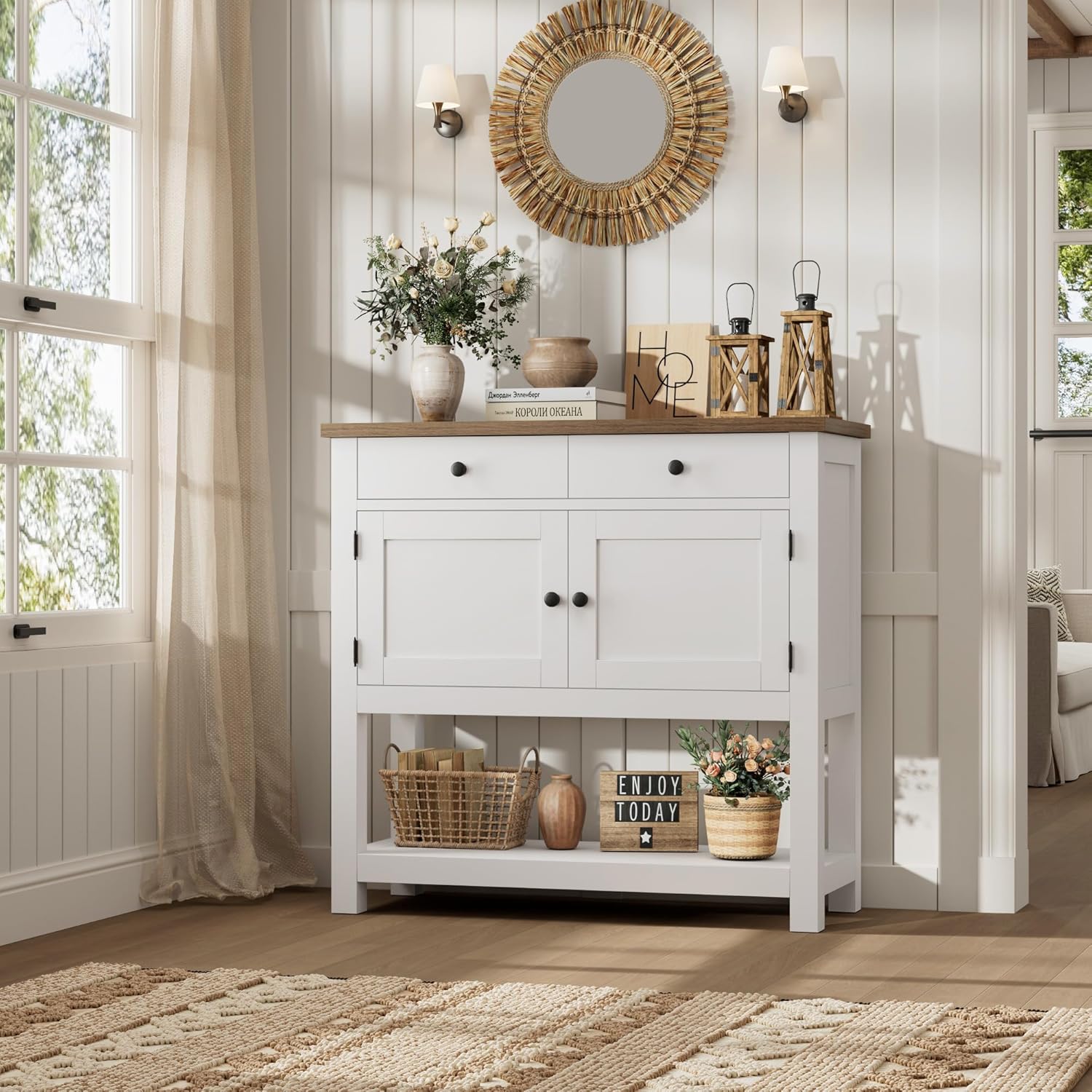 HOSTACK Farmhouse Console Table with 2-Door Cabinet & 2 Drawers, Coffee Bar, Entryway Table with Storage Shelf, Sofa Tables Buffet Sideboard for Kitchen, Hallway, Dining, Living Room, White