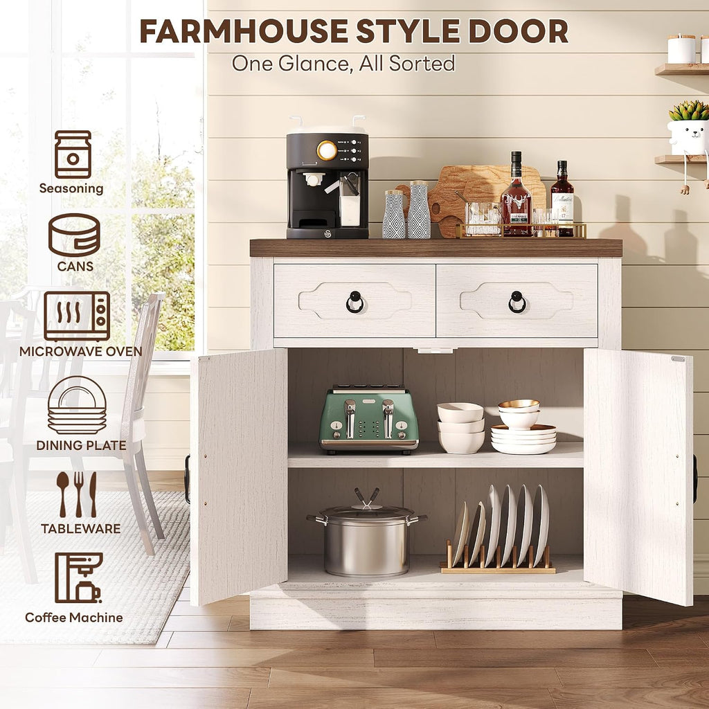 LIKIMIO Buffet Cabinet with 2 Drawers, 32" Sideboard Buffet Storage Cabinet with Doors and Shelves, Farmhouse Coffee Bar Station Kitchen Cabinet for Dining Room, Living Room, Entryway, White
