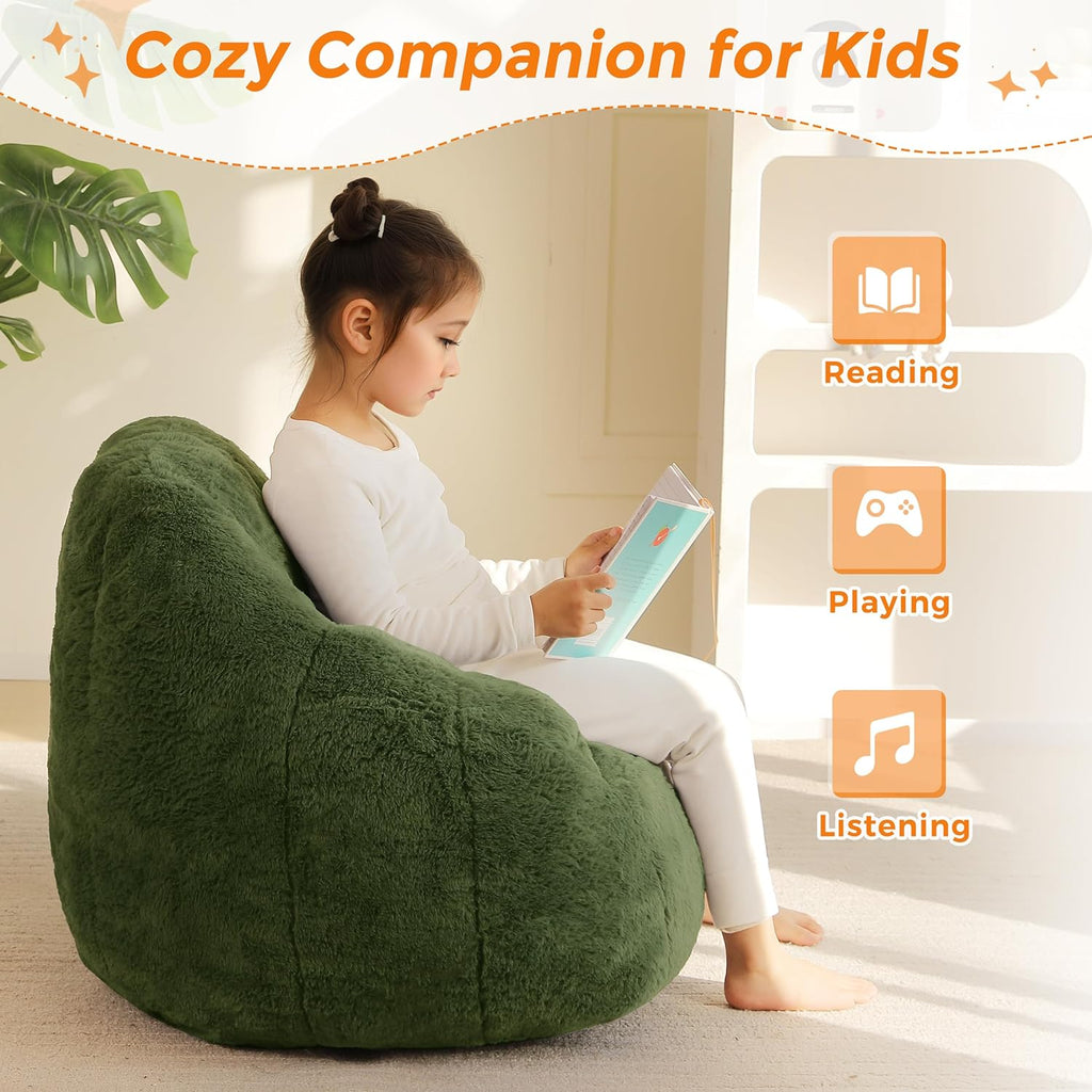 MAXYOYO Kids Bean Bag Chair, Comfy Bean Bag Sofa with Back Support, Faux Fur Cute Chair for Boys and Girls, Stuffed Floor Sofa for Nursery, Bedroom, Green
