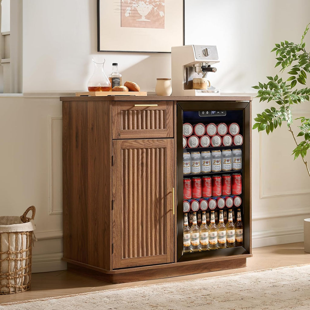 Okvnbjk Mini Fridge Cabinet with Storage & Power Outlet, Walnut | Coffee Bar Cabinet with Fridge Space, Fluted Bar Cabinet for Living Room, Dining Room, Dorm