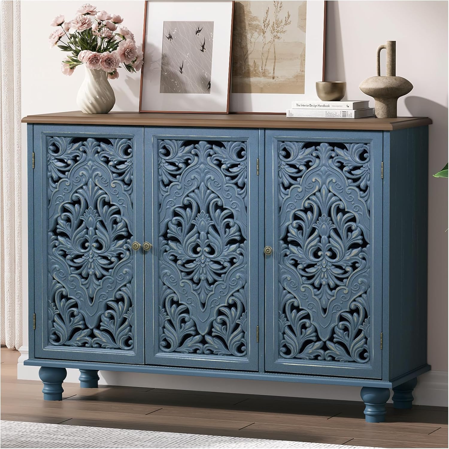 Jiansu furni Sideboard Buffet Cabinet with Storage, Accent Cabinet with 3 Doors and Adjustable Shelves,Buffet Table with Solid Wood Legs for Kitchen, Living Room, Hallway(Blue & Walnut)