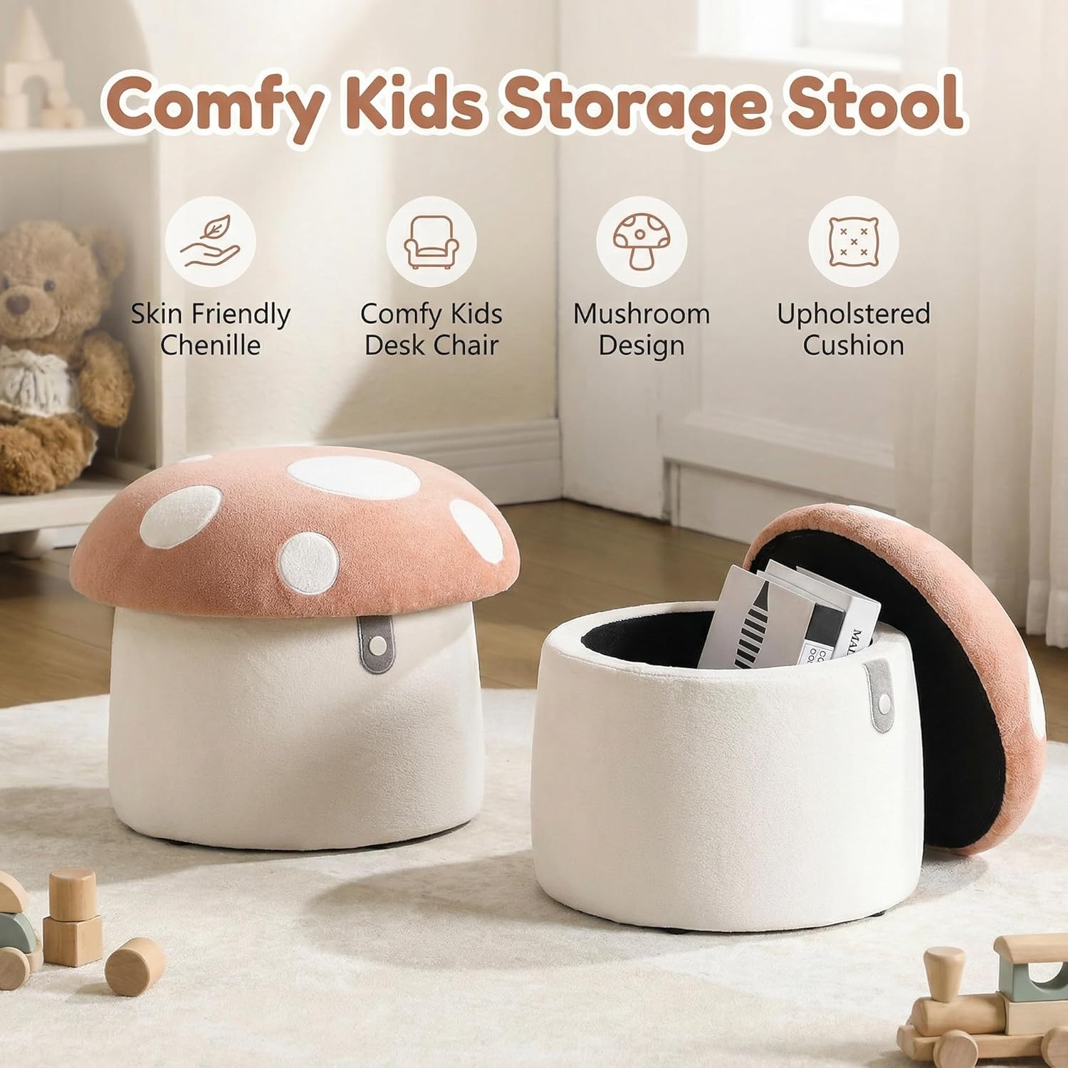 Mushroom Toddler Chair Comfy Chenille Kids Reading Chairs, Wooden Children Stool, No Assembly Kid Desk Chair, Cute Storage Ottoman for Kids Bedroom Furniture/Playroom/Boys Girls Gifts, Pink