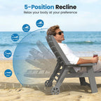 UDPATIO Outdoor Lounge Chair Pool Waterproof Chaise Chairs Reclining | HDPE 5-Position Adjustable with Wheels Double Cup Holder Heavy-Duty for Beach Garden Deck or Indoor Hdpe Light Grey