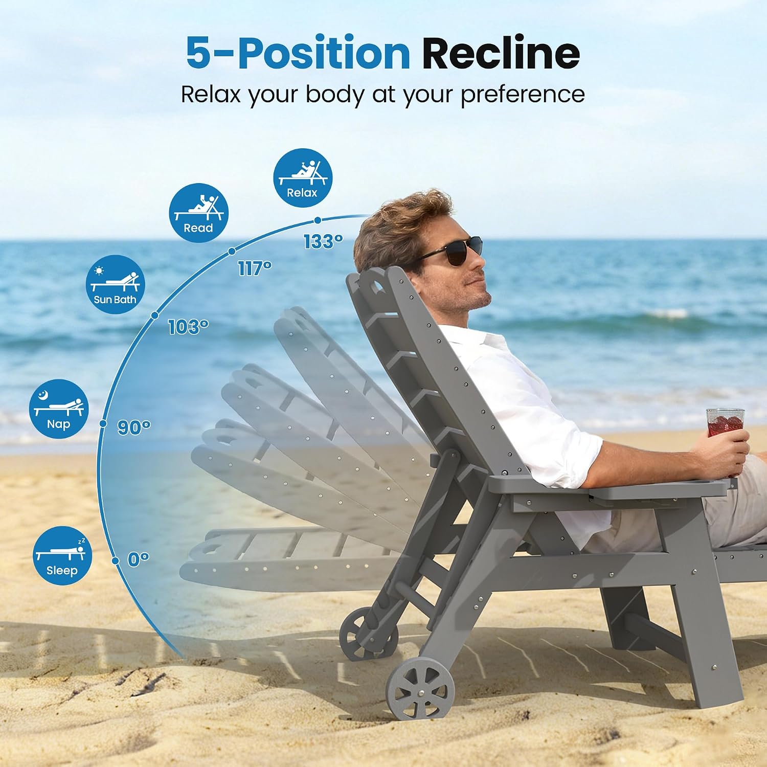 UDPATIO Outdoor Lounge Chair Pool Waterproof Chaise Chairs Reclining | HDPE 5-Position Adjustable with Wheels Double Cup Holder Heavy-Duty for Beach Garden Deck or Indoor Hdpe Light Grey