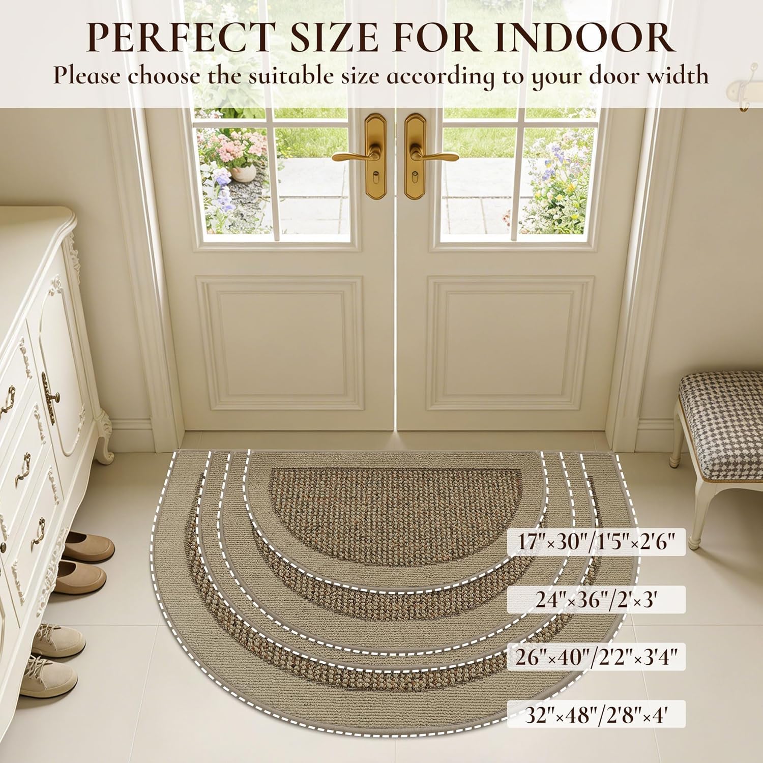 Half Circle Door Mat Indoor Entrance Welcome, Non-Slip Washable Doormat, Trap Dirt and Moisture, Low Profile Mats for Indoor Entry, 17"x30", Beige