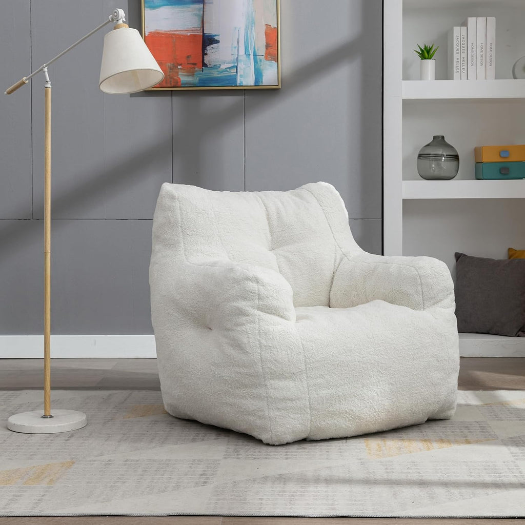 Hommoo Bean Bag Chair Large Bean Bag Chair for Adults with Armrest Comfy Bean Bag Sofa with Foam Filling Fluffy Lazy Chair Soft Teddy Fabric Tufted Bean Bag for Dorm Bedroom Gaming White