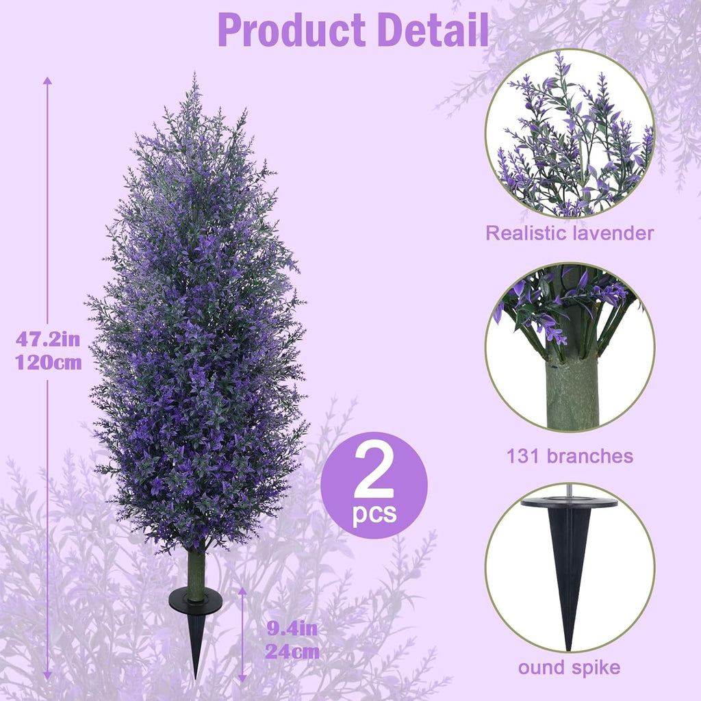 GTIDEA Artificial Purple Lavender Topiary Tree with Ground Spike, Artificial Outdoor Plants Fake Bushes UV Resistant Faux Shrubs Fade Proof for Outdoor Garden Front Decor, 2 Pack 4FT