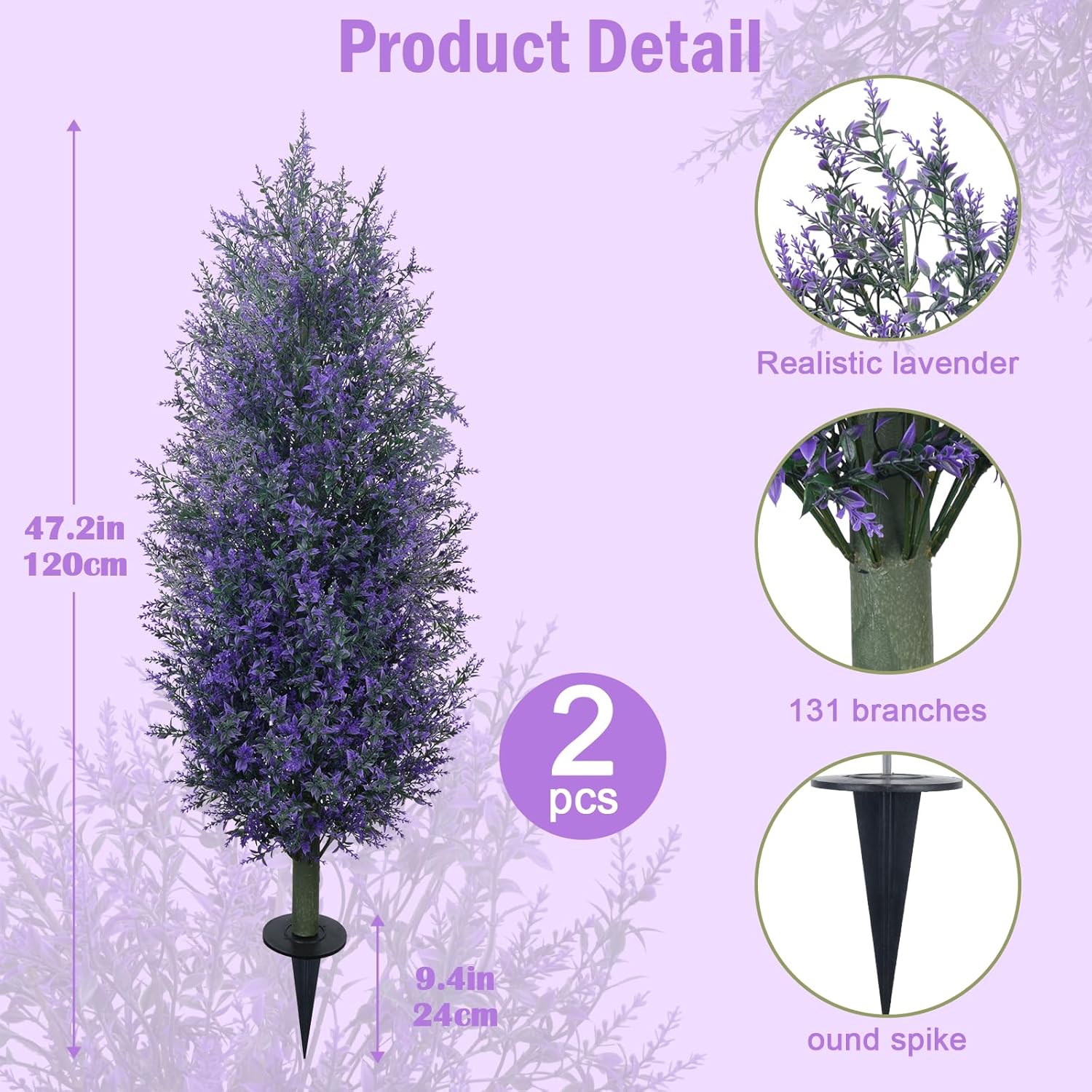 GTIDEA Artificial Purple Lavender Topiary Tree with Ground Spike, Artificial Outdoor Plants Fake Bushes UV Resistant Faux Shrubs Fade Proof for Outdoor Garden Front Decor, 2 Pack 4FT