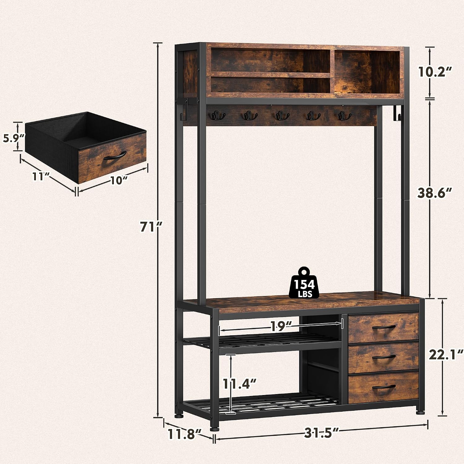Raybee Hall Tree with Bench and Shoe Storage, Coat Rack Freestanding with 3 Fabric Drawers, Entryway Bench with Shoe Storage, Hall Tree with 12 Hooks for Hallway, Rustic Brown