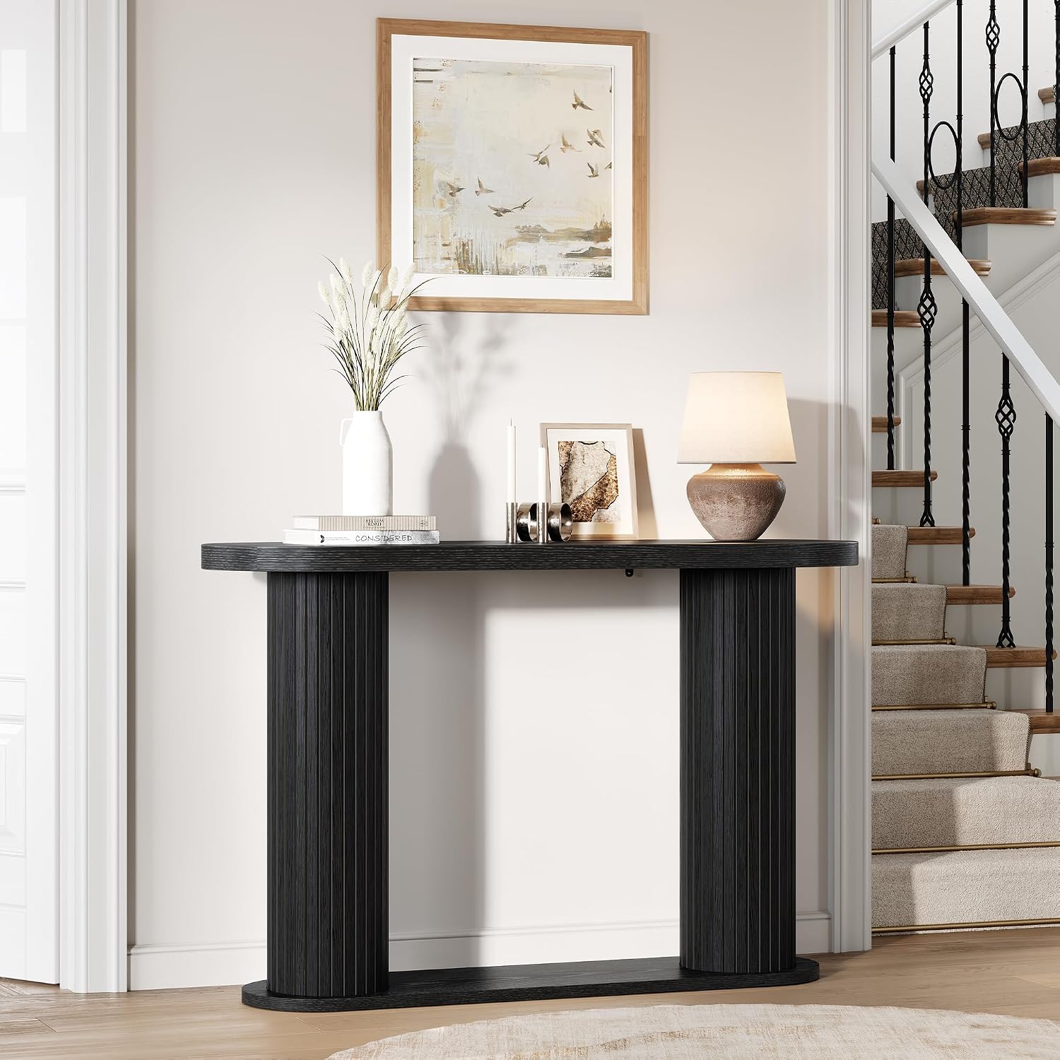 Garvee Fluted Console Table, 42.5 Inch Narrow Wood Entryway Table with Storage Shelf, Sofa Table Behind the Couch, for Hallway, Living Room, Foyer, Entrance, Black