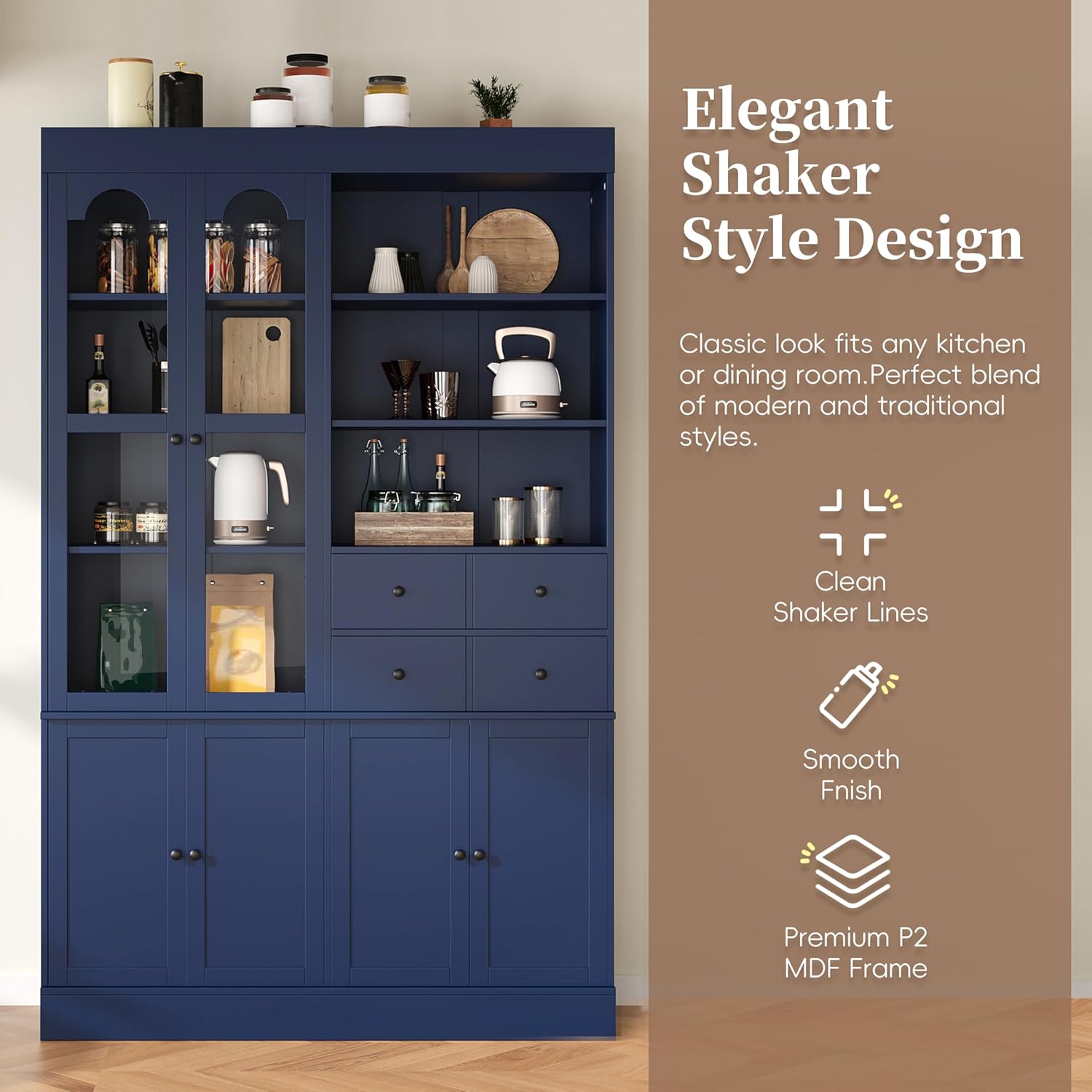 Merax Wood Kitchen Pantry with 4 Drawers, 3 Cabinets and Hutch, Tall Cupboard Dining Storage Cabinet with Door Shelves and Pull-Out Trays for Living Room, Kitchen, Dining Room Blue