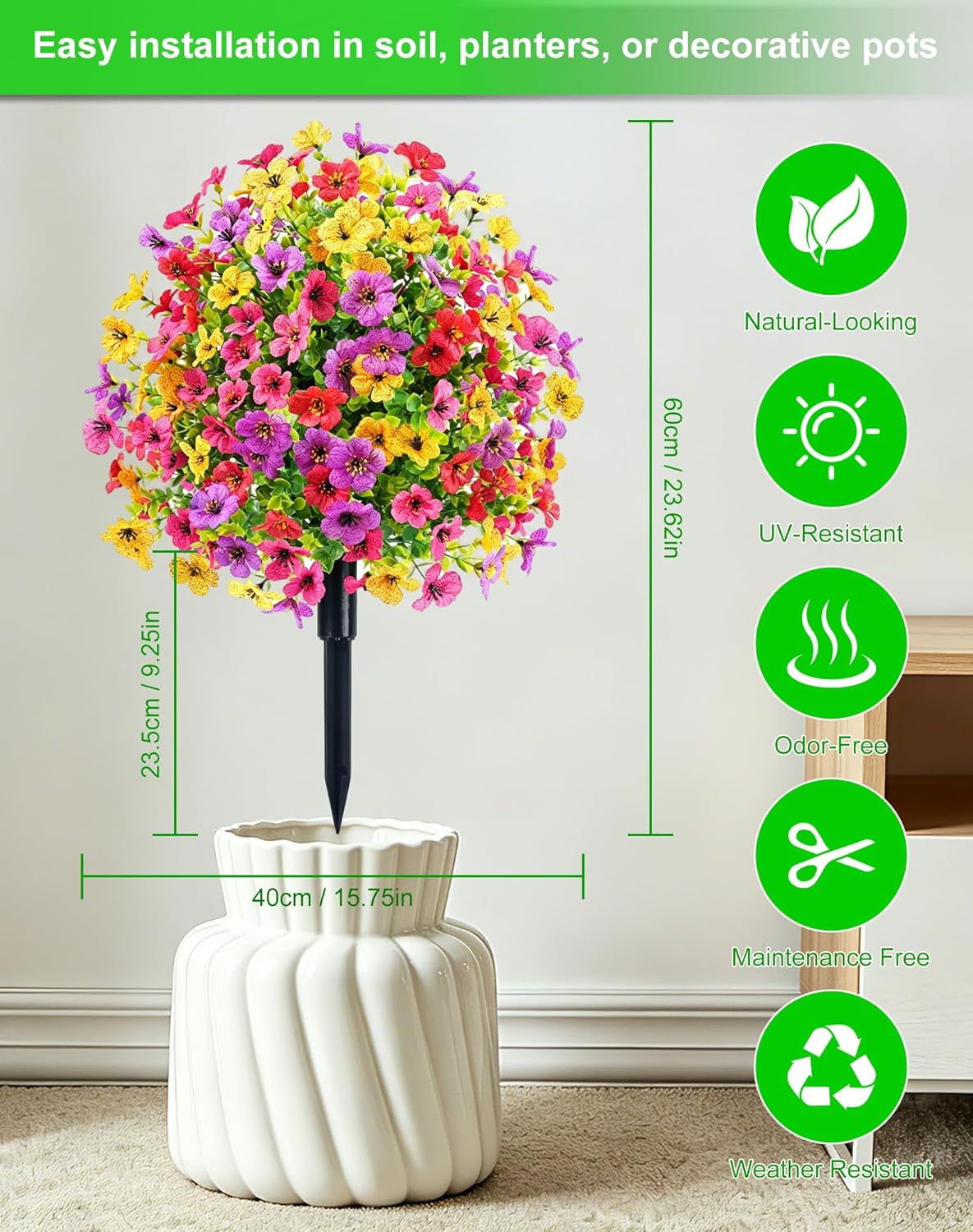 Artificial Topiary Ball Tree Violet Flowers with Spike, 2 Pack 23.6" Faux Plants Evergreen Tree UV Resistant Bushes Plants for Outdoor Front Porch Garden Patio Spring Decor (Mix Color 23.6in)
