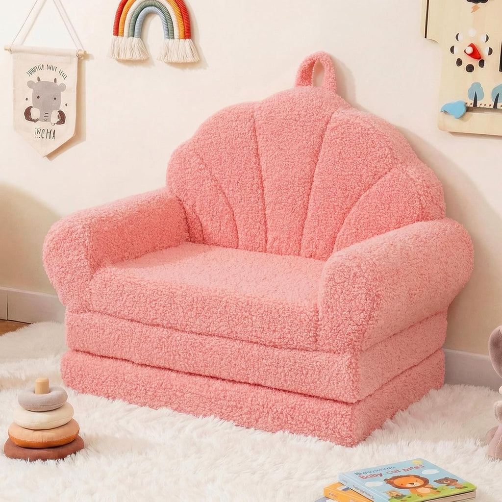 Costzon Convertible Kids Couch, 2-in-1 Soft Fold Out Toddler Couch Chair with Fabric Cover for Boys Girls, Toddler Chair Comfy, Kids Furniture for Playroom, Gift for Birthday, Christmas (Shell,Pink)
