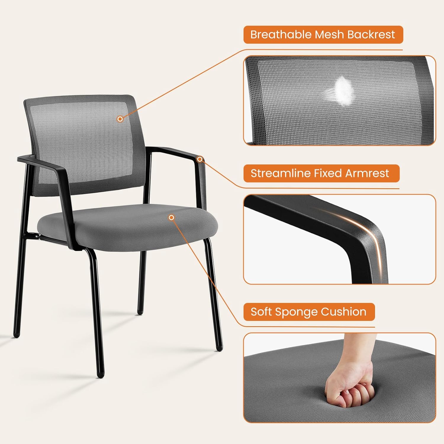 DUMOS Stackable Arm Chairs with Mesh Back and Upholstered Fabric, Easy to Store and Use, Perfect for Indoor and Outdoor Spaces, 1 Chair Grey