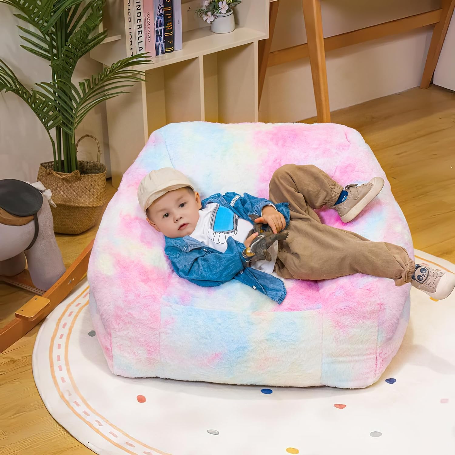 Cvortll Bean Bag Chairs for Kids, 27" Modern Rainbow Colors Beanbag Sofa with Sponge Filling & Comfy Soft Faux Fur, Kids Teens Bean Bags Chair Sofa for Bedroom, Living Room (Colorful)