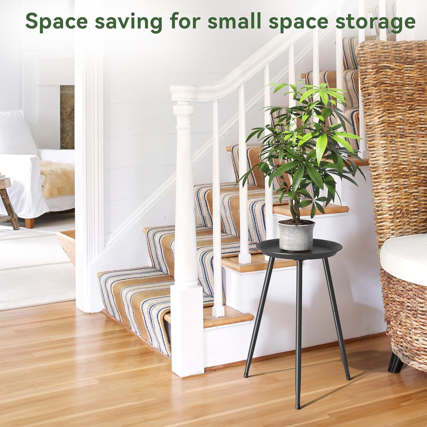 Black Small Round Table for the Living Room，Lndoor Plant Suppor，All Matte Black with 3 Legged，for Any Room