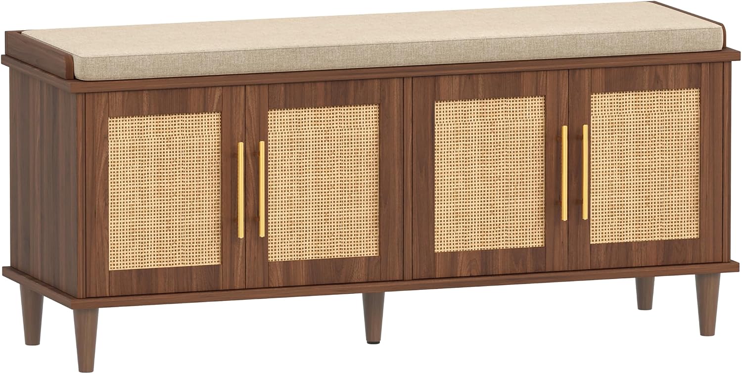Akxomel Rattan Shoe Storage Bench with Cushion, 2-Tier Entryway Bench with Adjustable Shelves and 4 Doors, 15" D x 47.2" W x 20" H, Solid Wood Legs, for Hallway, Living Room, Bedroom, Walnut