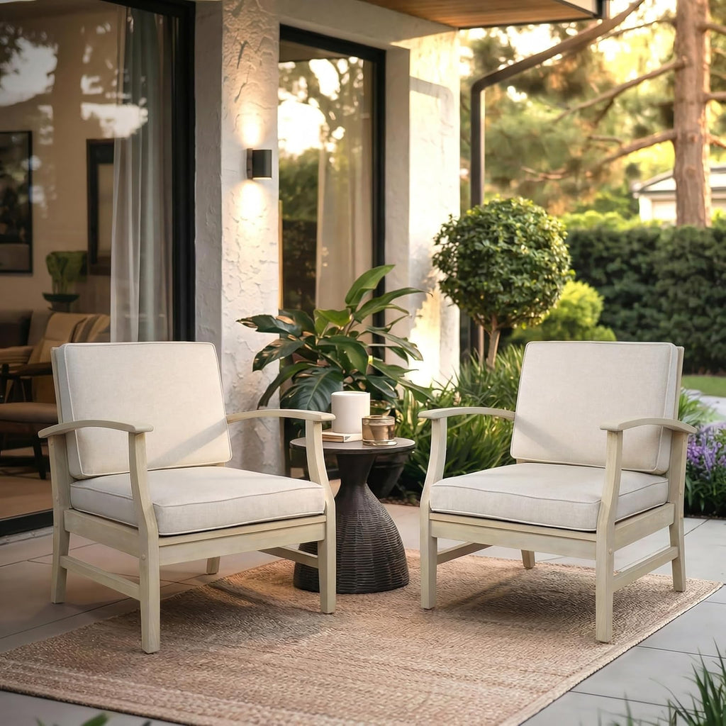 Christopher Knight Home Perla Acacia Wood Lounge Chair Outdoor Set of 2 with Removable Cushion, Wooden Patio Accent Chair, Patio Garden Comfy Reading Chair, Sand/Beige