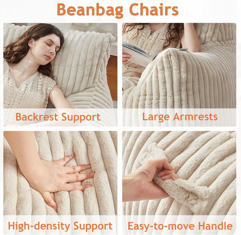 Giant Bean Bag Chair for Adults Teens with Armrest Large BeanBag Couch Sofa | with Foam Filling,Back Support,Comfy Faux Fur,Beige Plush Reading Chair Floor Sofa for Bedroom,Living room,Dorm