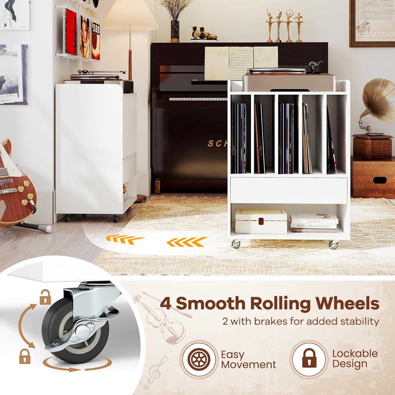 Giantex Record Player Stand, Rolling Turntable Stand with Drawer & Lockable Wheels, Record Player Table Holds Up to 150 Albums, Vinyl Record Storage for Living Room Bedroom, White