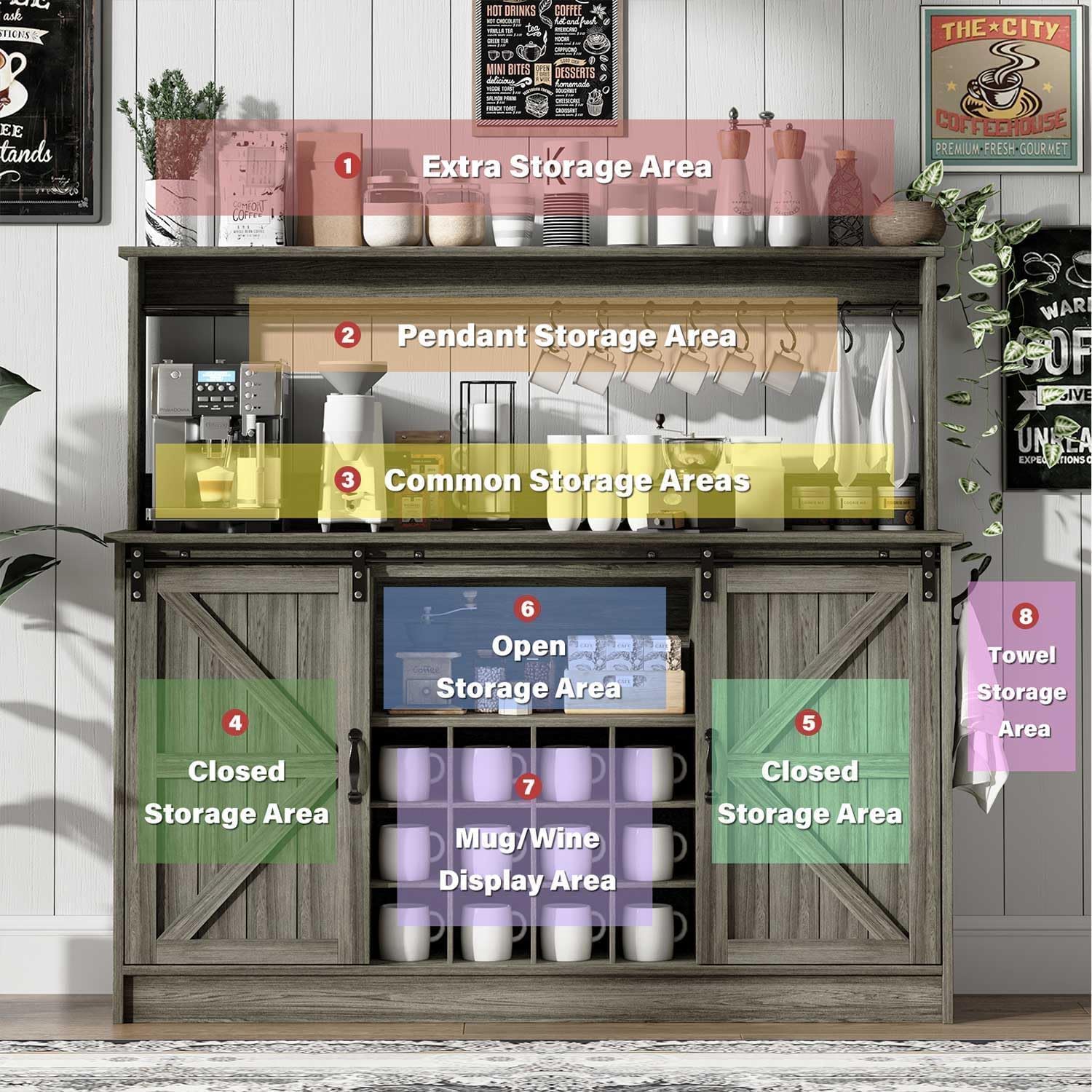 4ever2buy Farmhouse Coffee Bar Cabinet with 8 Hooks, 55” Kitchen Hutch Cabinet with Storage, Gray Coffee Bar with Sliding Barn Doors and 12 Racks for Living Dining Room, Wash Gray