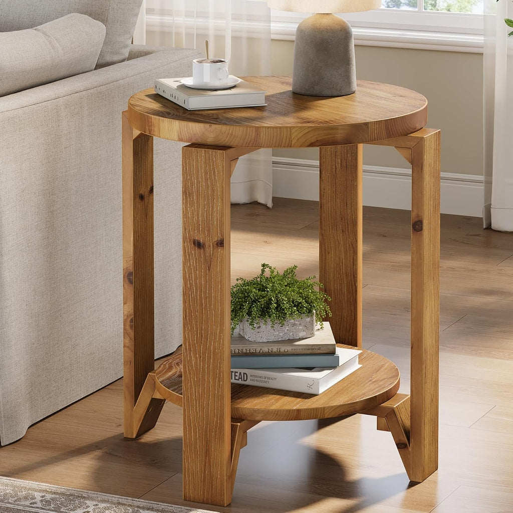 Solid Wood End Table, 2-Tier Round Wood Side Table for Living Room, Farmhouse Circle Nightstand with Storage for Bedroom, Couch, Small Spaces, Easy Assembly, Rustic Brown