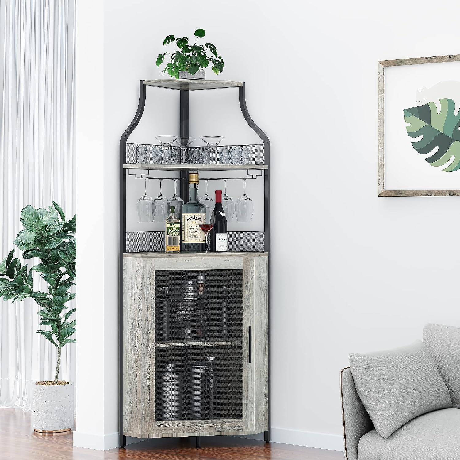 Amyove Corner Wine Bar Cabinet with Detachable Wine Rack, Industrial Wine Cabinet with Glass Holder, Small Sideboard and Liquor Coffee Bar Cabinet with Mesh Door, ‎Grey